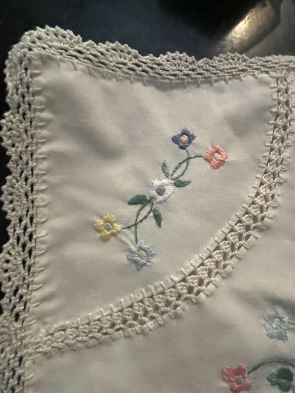 Vintage Hand Embroidered Floral Pillow Cover White Crochet Lace Trim 16x16
